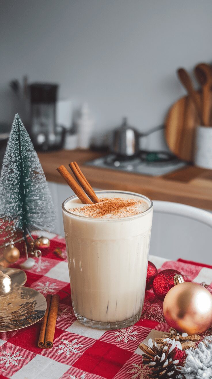 A glass of Baileys eggnog with cinnamon sticks on top, surrounded by festive decorations.