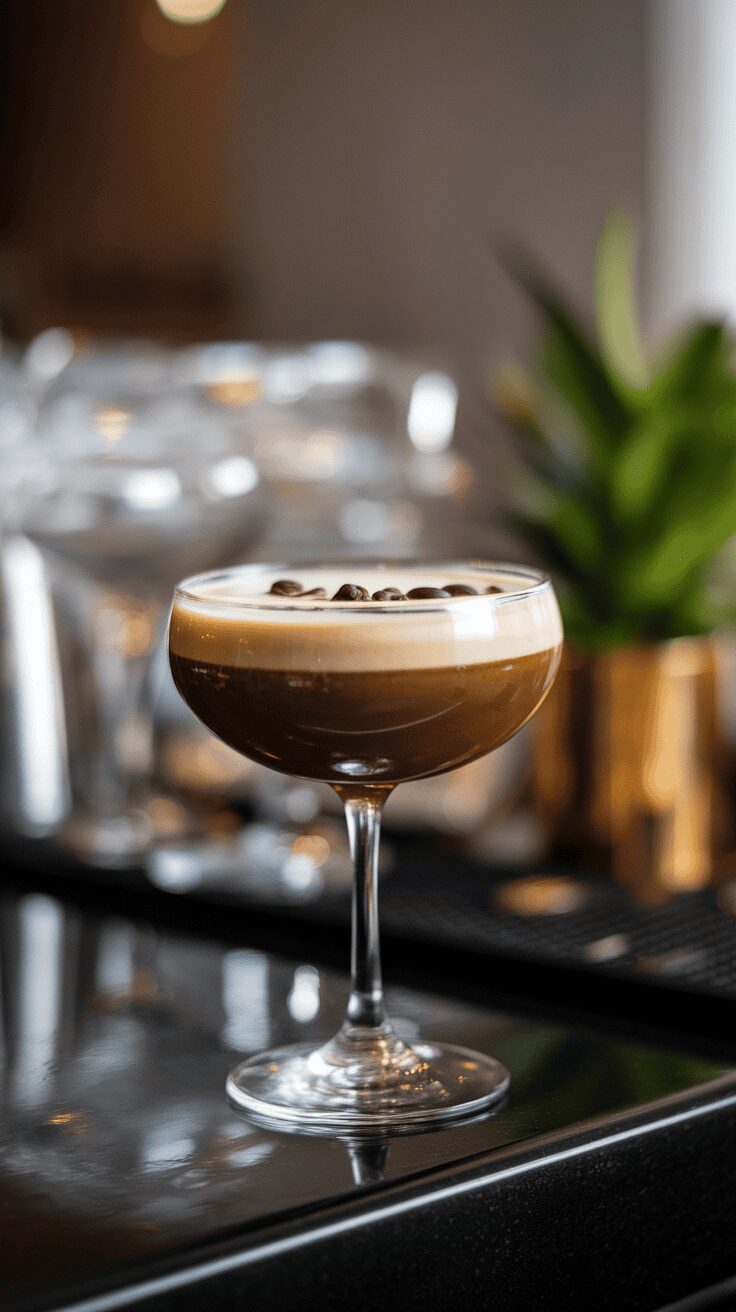 A Baileys Espresso Martini served in a coupe glass with coffee beans on top.
