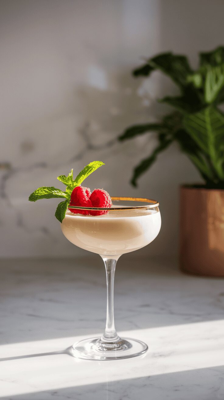 A beautifully presented Baileys French Dream Cocktail garnished with raspberries and mint.