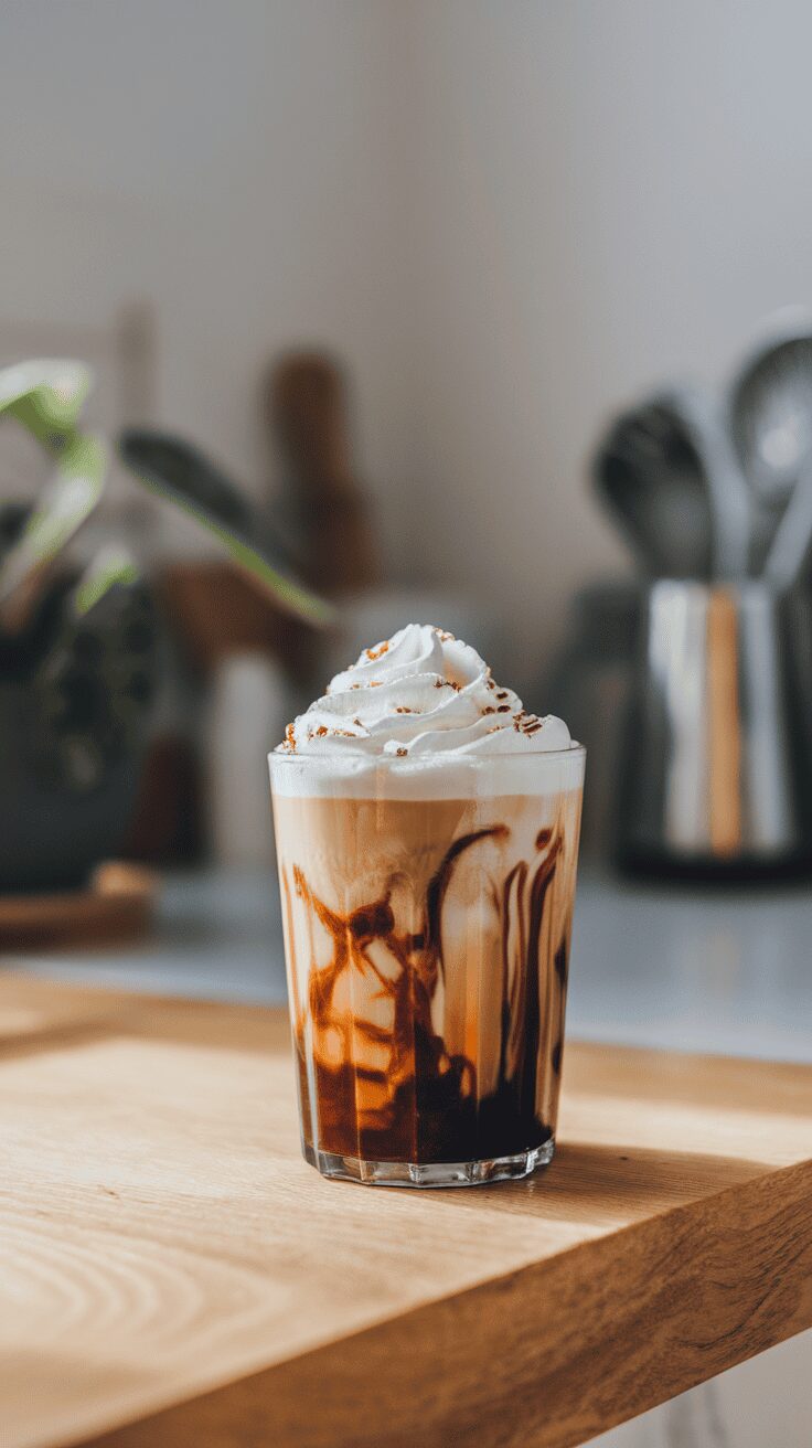 A glass of frosty espresso topped with whipped cream and drizzled with chocolate, set on a wooden surface.