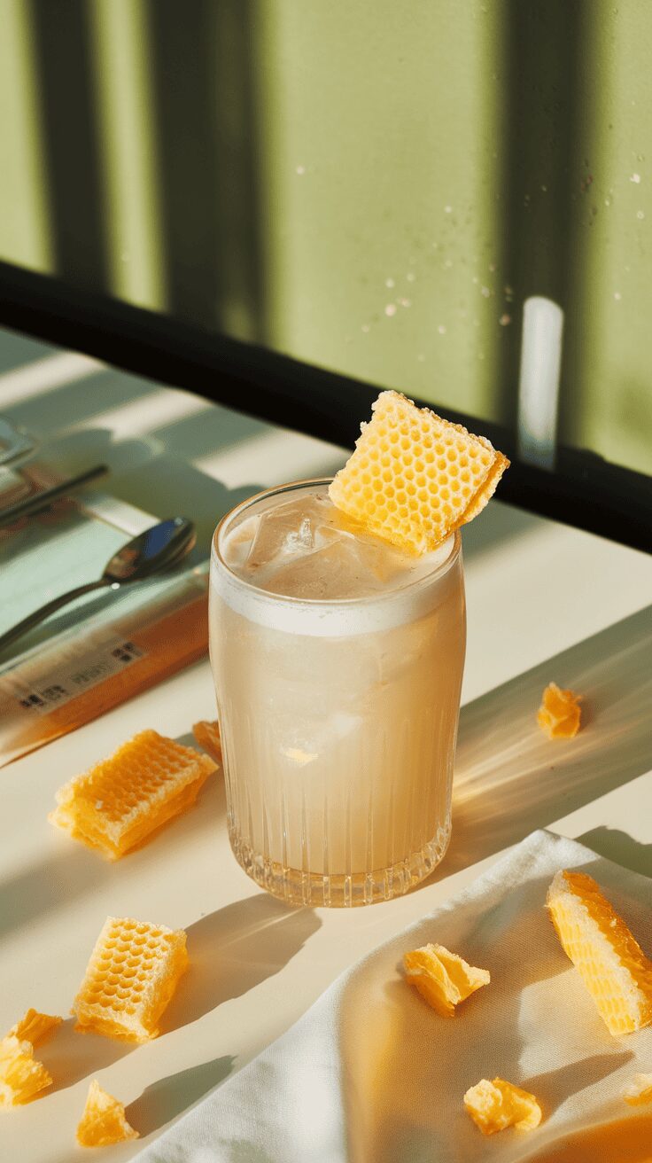 A glass of Baileys Honeycomb Delight cocktail with honeycomb garnish, set on a table.