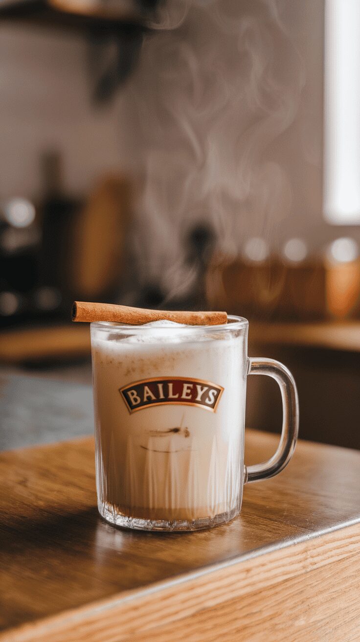 A steaming mug of Baileys hot toddy with a cinnamon stick