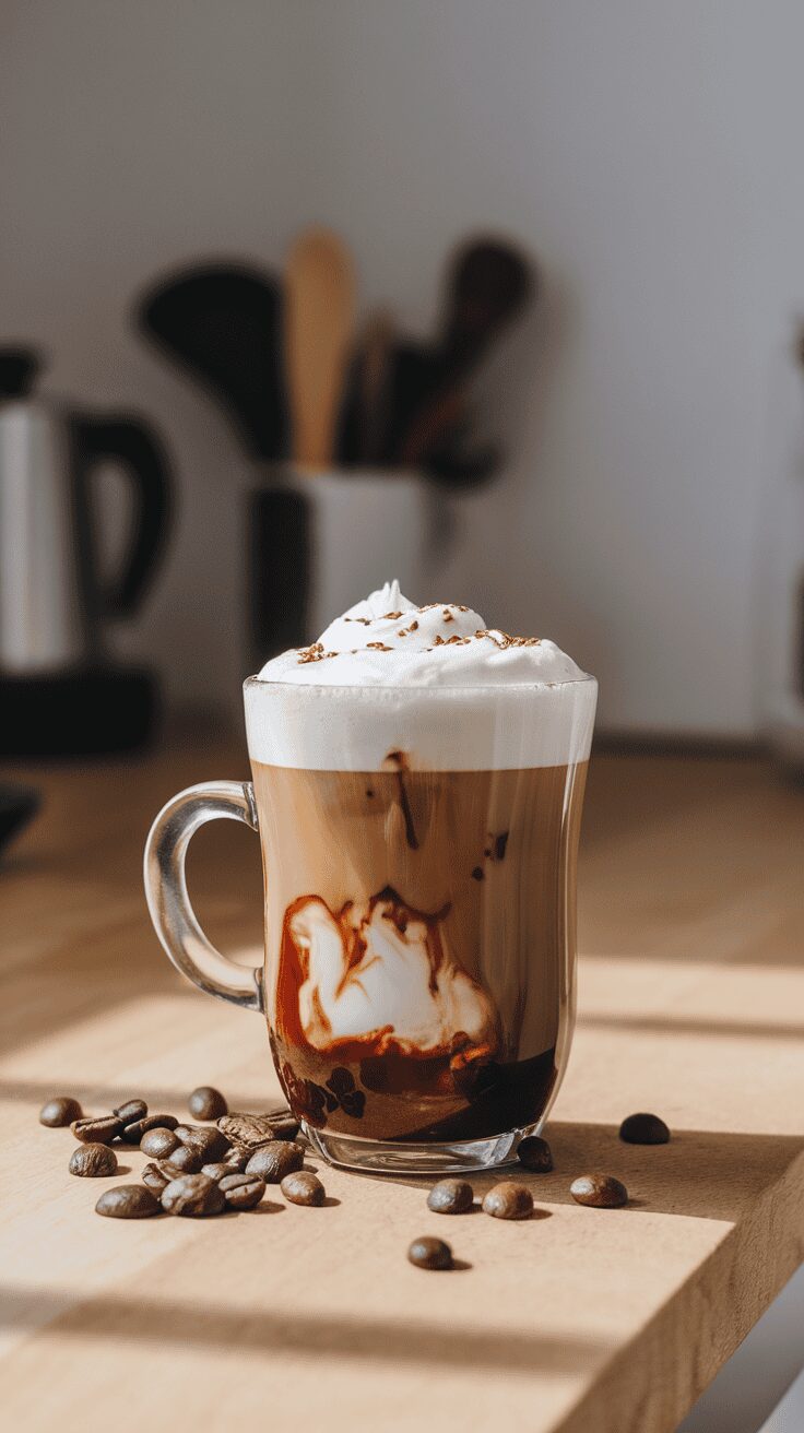 A cup of Baileys Irish Coffee topped with whipped cream and cocoa, surrounded by coffee beans.