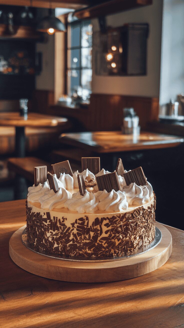 A beautifully decorated cheesecake with chocolate toppings on a wooden table.