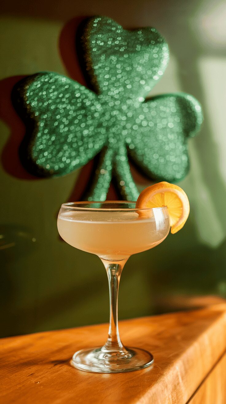 A Baileys martini served in a glass with a slice of lemon and a green shamrock decoration in the background.