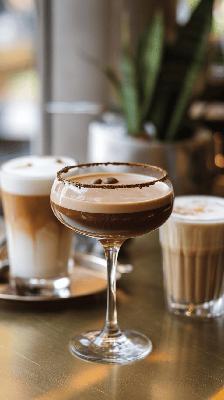 A stylish Baileys Mocha Martini with a chocolate rim and coffee beans on top, surrounded by other coffee drinks.