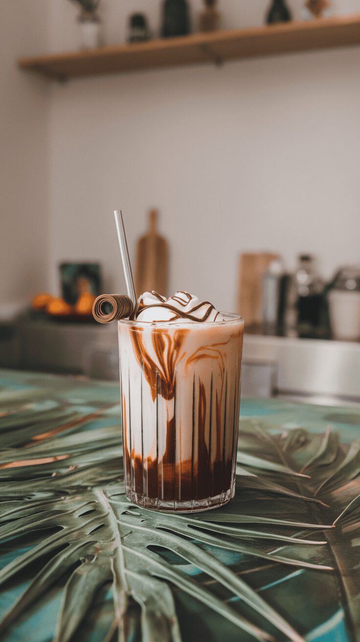 A glass of Baileys Mudslide with chocolate swirls and whipped cream on top.