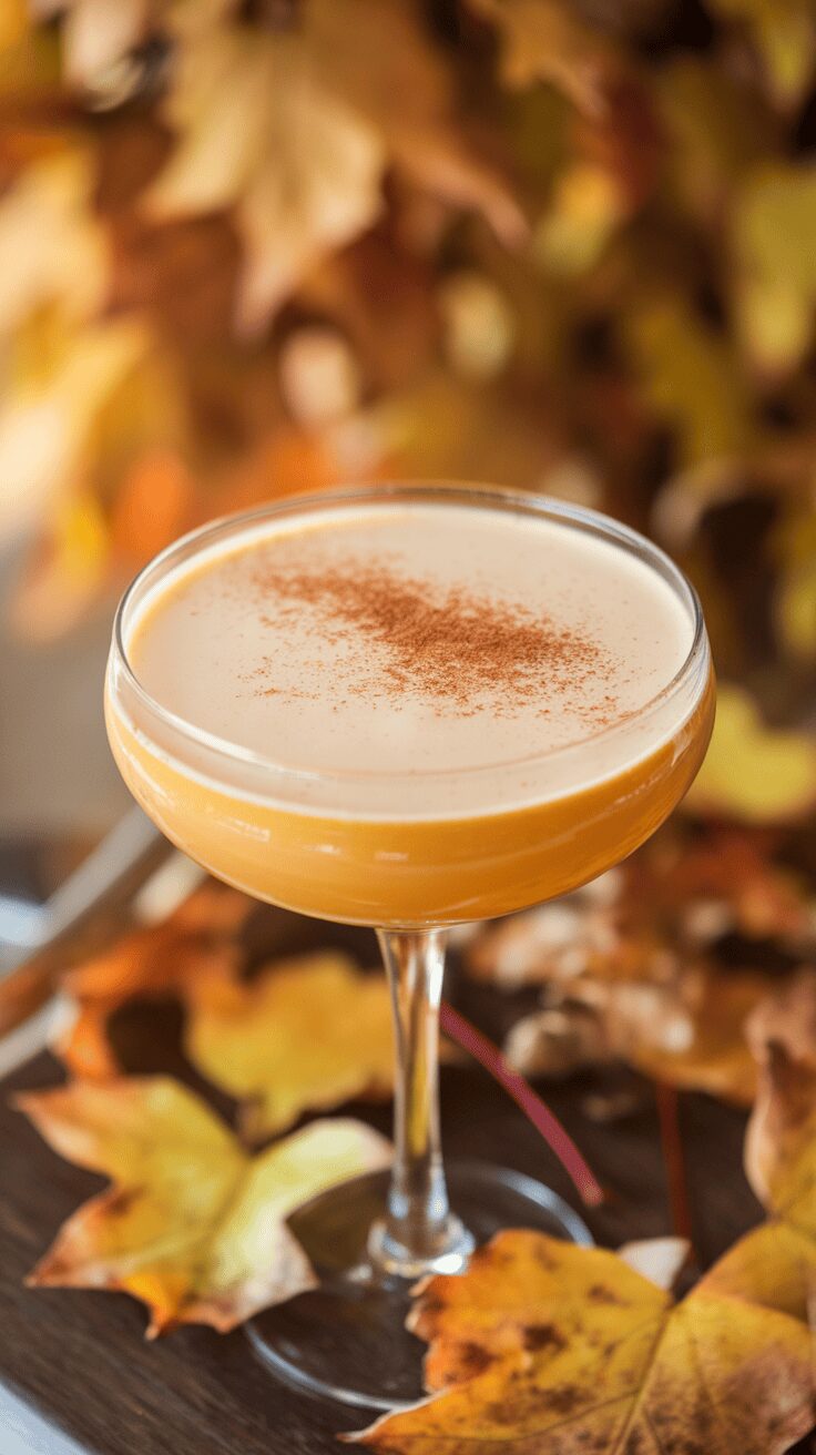 A Baileys Pumpkin Spice Martini garnished with cinnamon, set against autumn leaves.