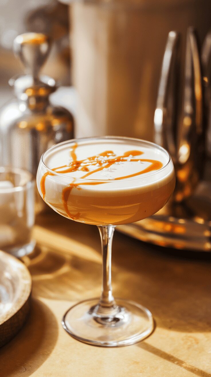 A Baileys Salted Caramel Martini in a elegant glass, drizzled with caramel sauce.