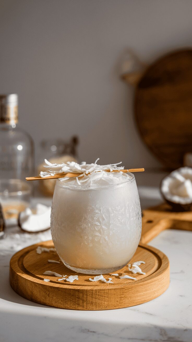 A creamy Baileys Snowball cocktail garnished with coconut flakes on a wooden board.