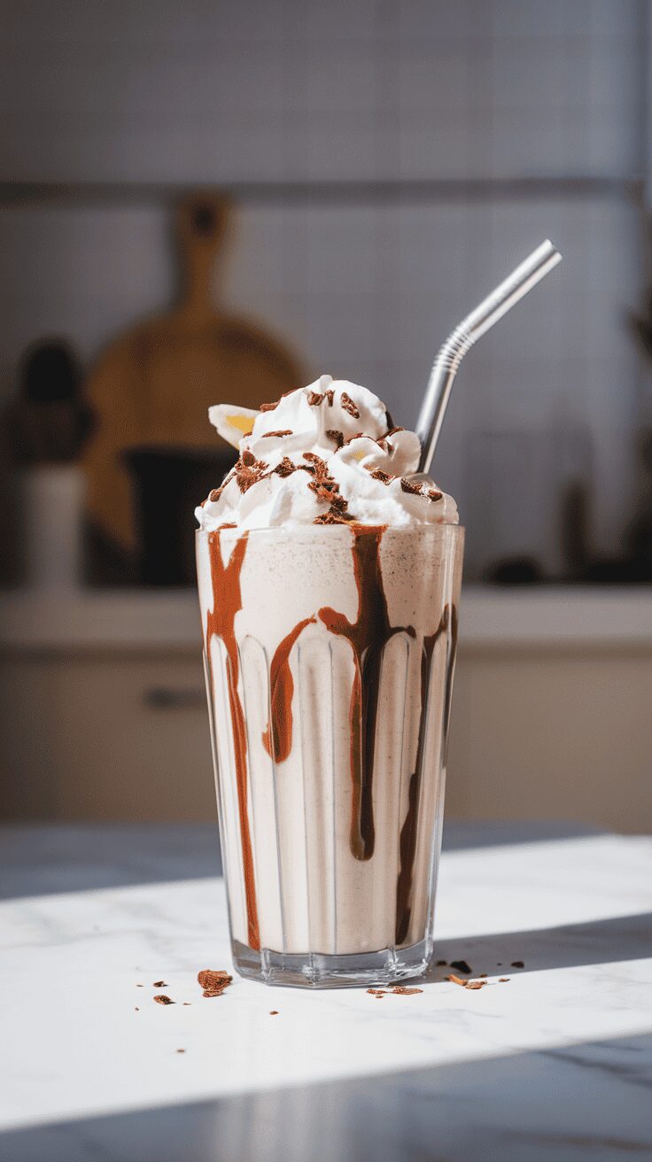 A delicious Baileys spiked milkshake topped with whipped cream and chocolate drizzle.