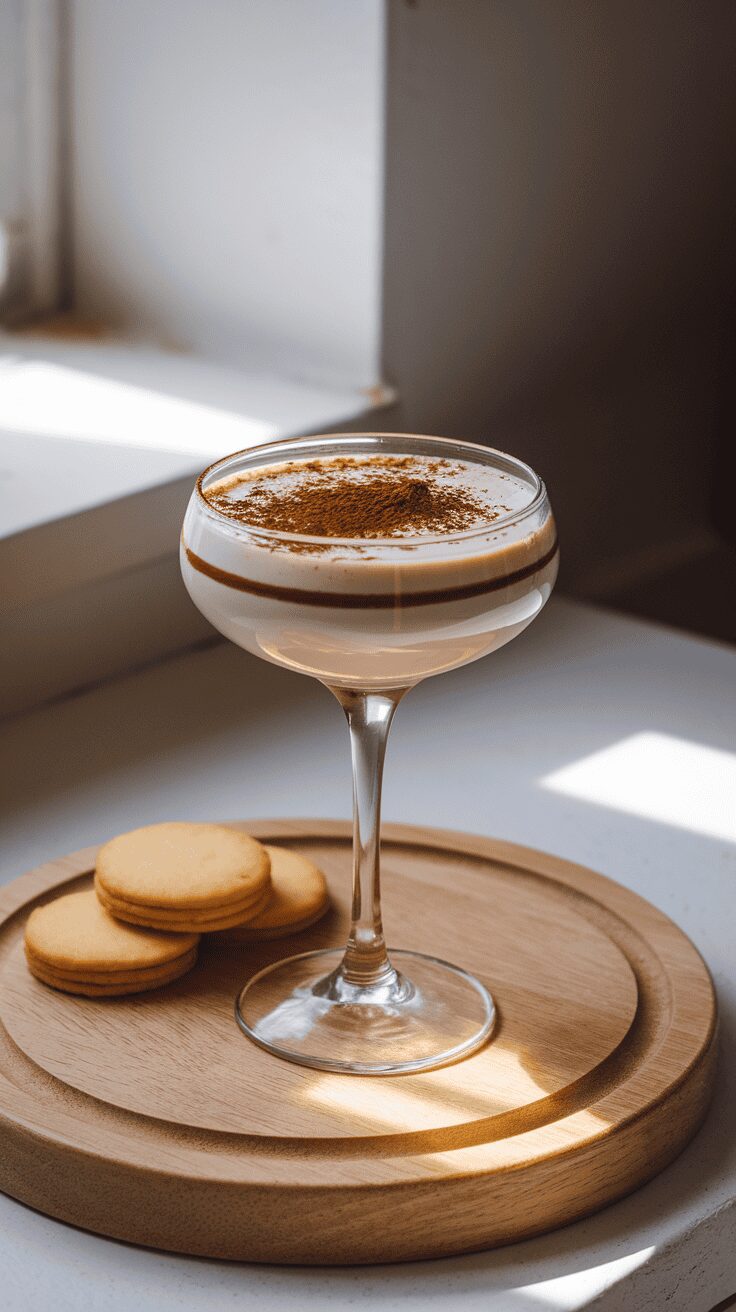 A Baileys Tiramisu Martini served in a stylish glass with cookies on a wooden plate.