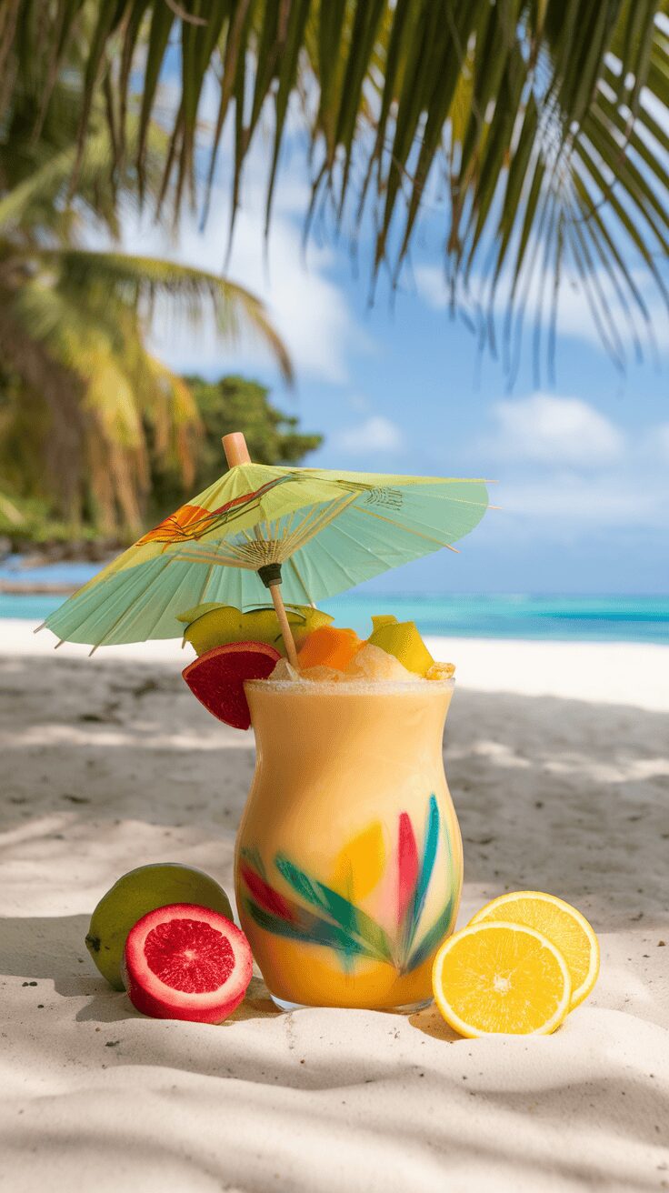 A vibrant tropical cocktail with fruit garnishes and a decorative umbrella on a sandy beach.