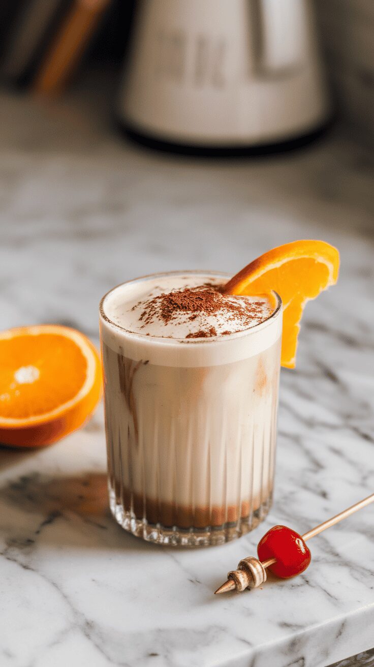 A Baileys White Russian cocktail garnished with an orange slice and a cherry, with an orange half nearby.