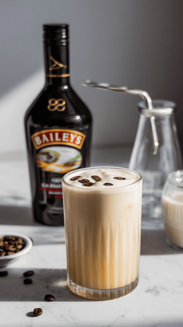 A glass of Baileys White Russian topped with coffee beans, with a bottle of Baileys in the background.