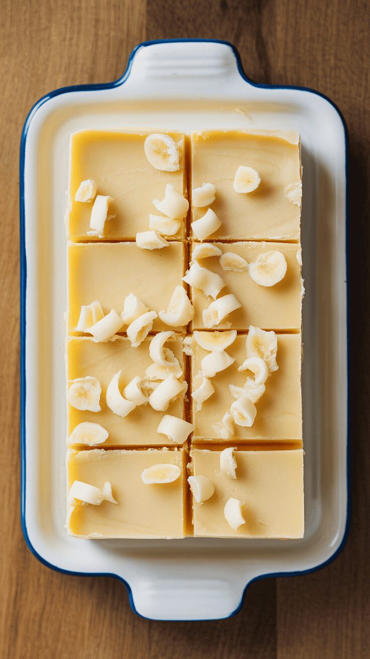 A tray of banana cream fudge topped with slices of banana.