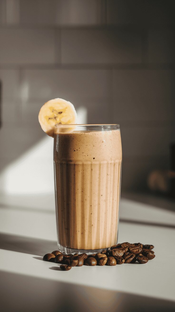 A banana protein coffee smoothie in a glass with a banana slice on top, surrounded by coffee beans.