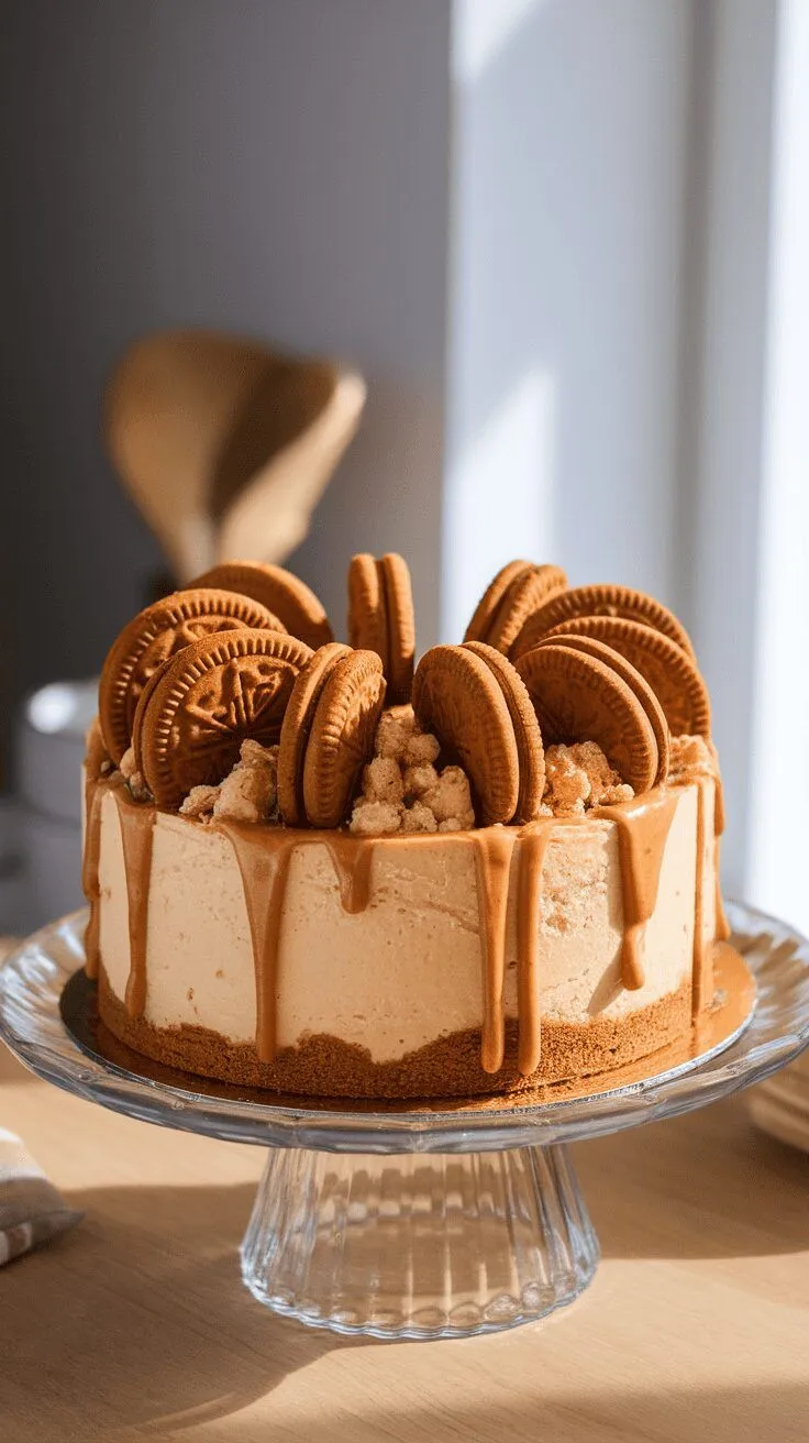 Biscoff Cookie Butter Cheesecake topped with cookies and caramel drizzle