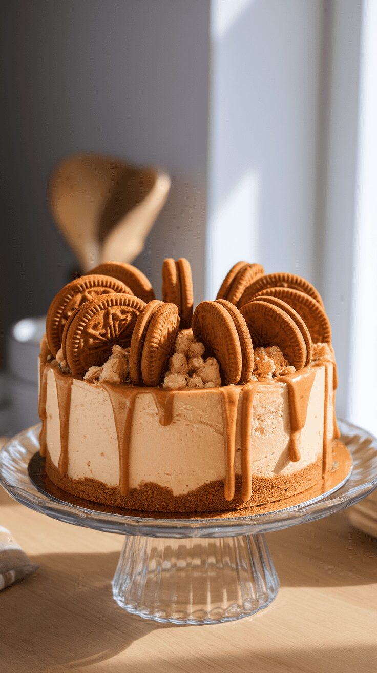 Biscoff Cookie Butter Cheesecake topped with cookies and caramel drizzle