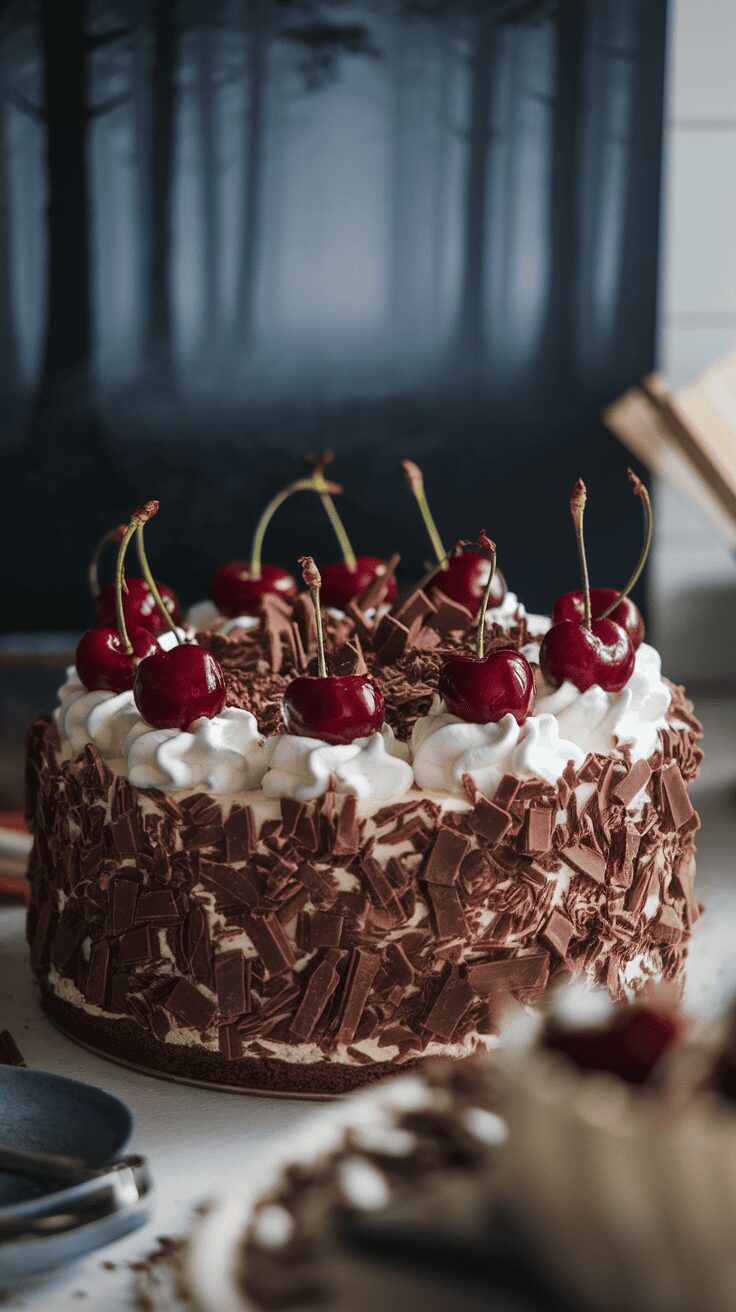 A beautifully decorated Black Forest Cheesecake with cherries on top and chocolate shavings.