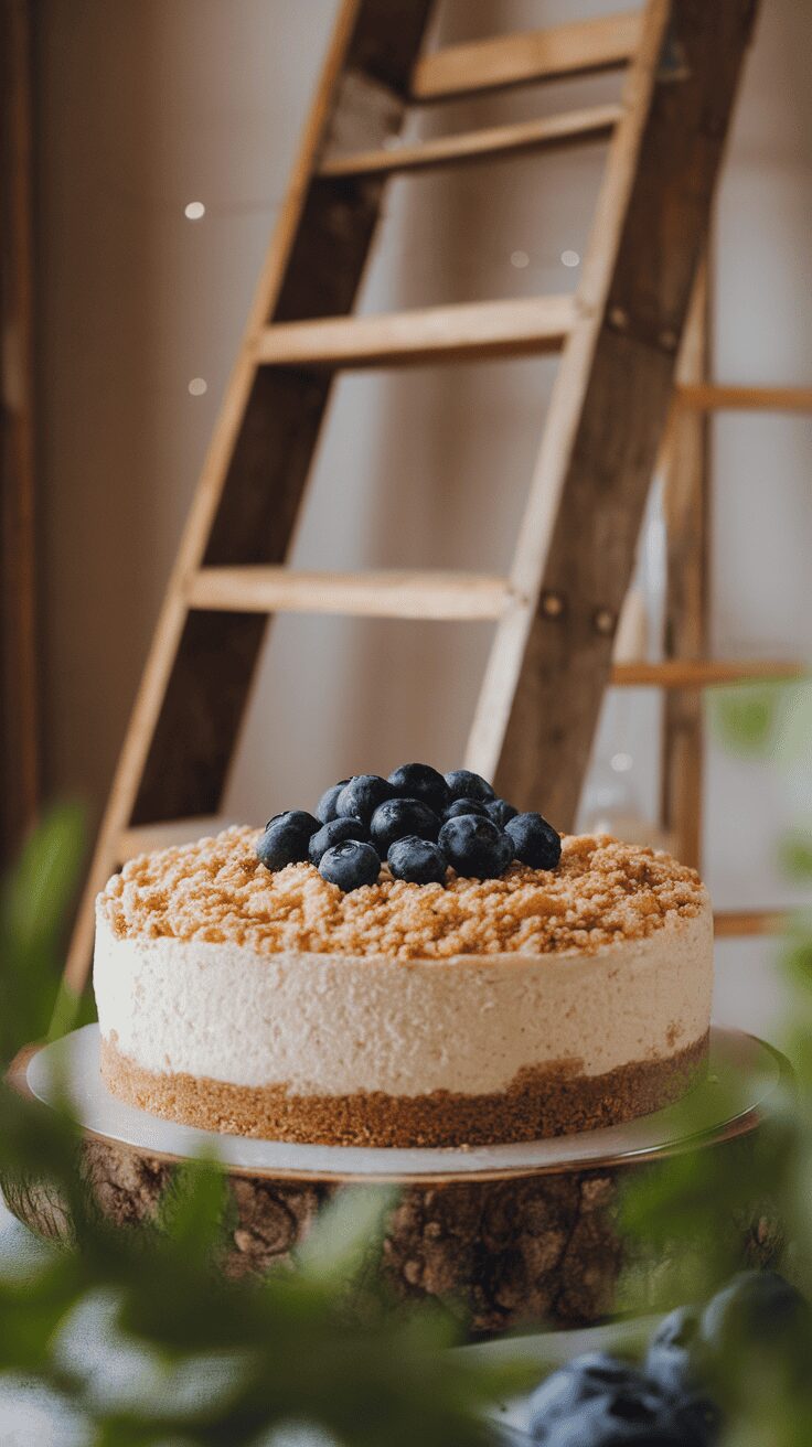 A blueberry crumble cheesecake topped with fresh blueberries and a crumbly topping, displayed on a wooden stand.