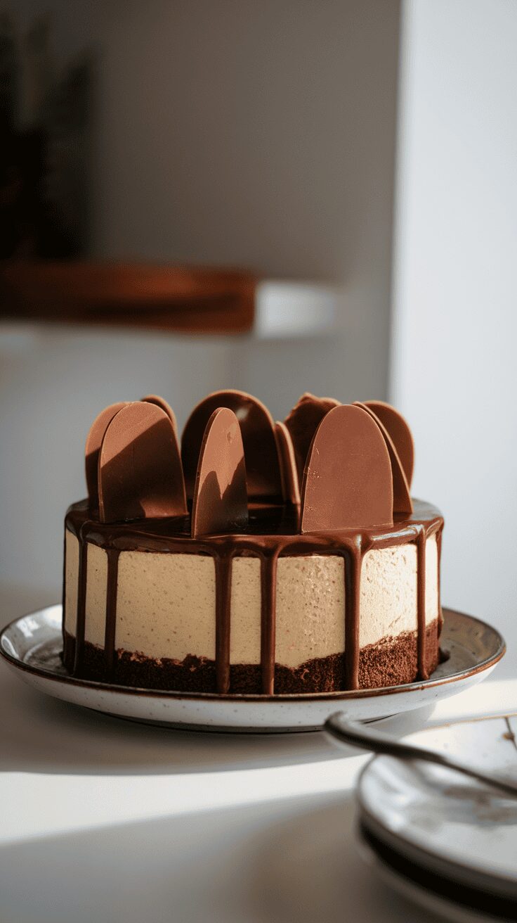 A delicious brownie bottom cheesecake topped with chocolate decorations.