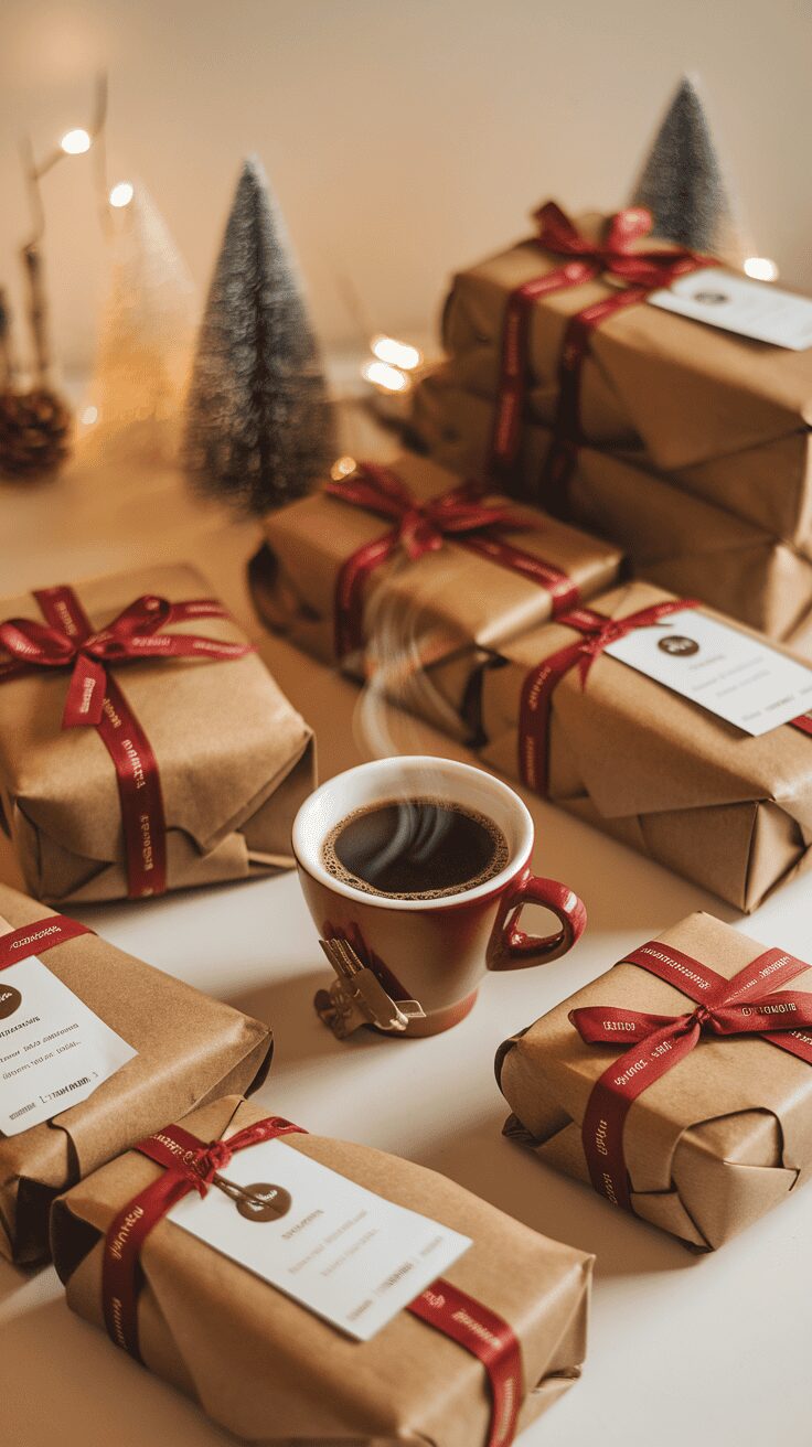 A cozy setting featuring a steaming cup of coffee surrounded by beautifully wrapped gift baskets with red ribbons.