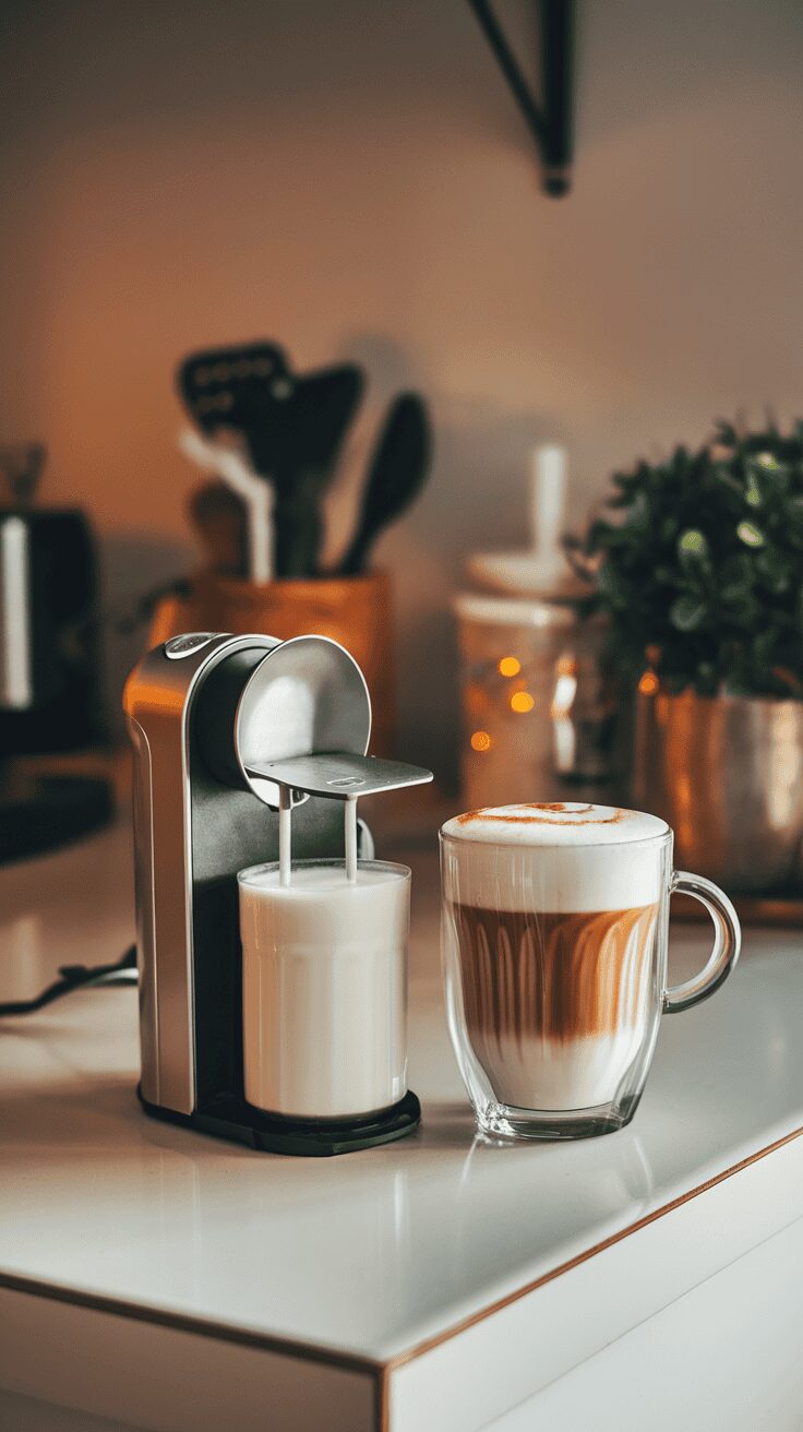 A portable milk frother next to a glass of frothy coffee and a cup of warm milk.