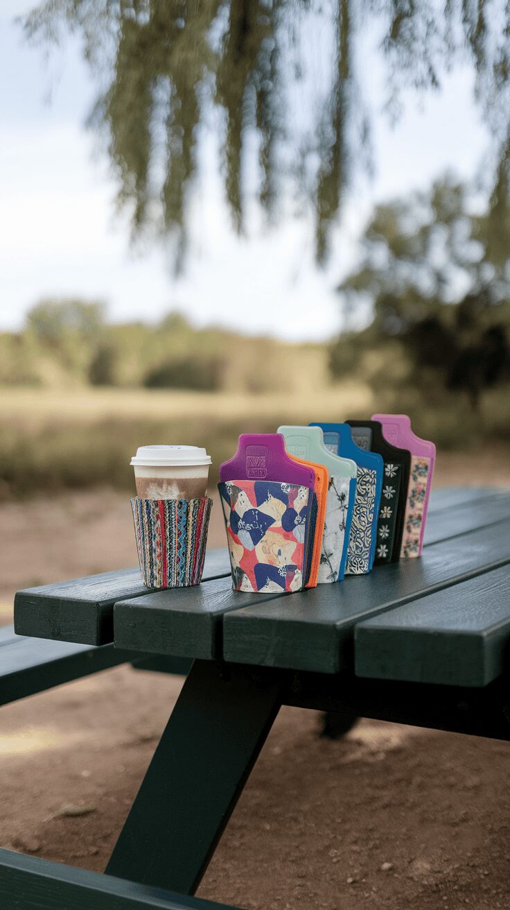 A set of colorful insulated coffee sleeves displayed on a table, alongside a coffee cup.