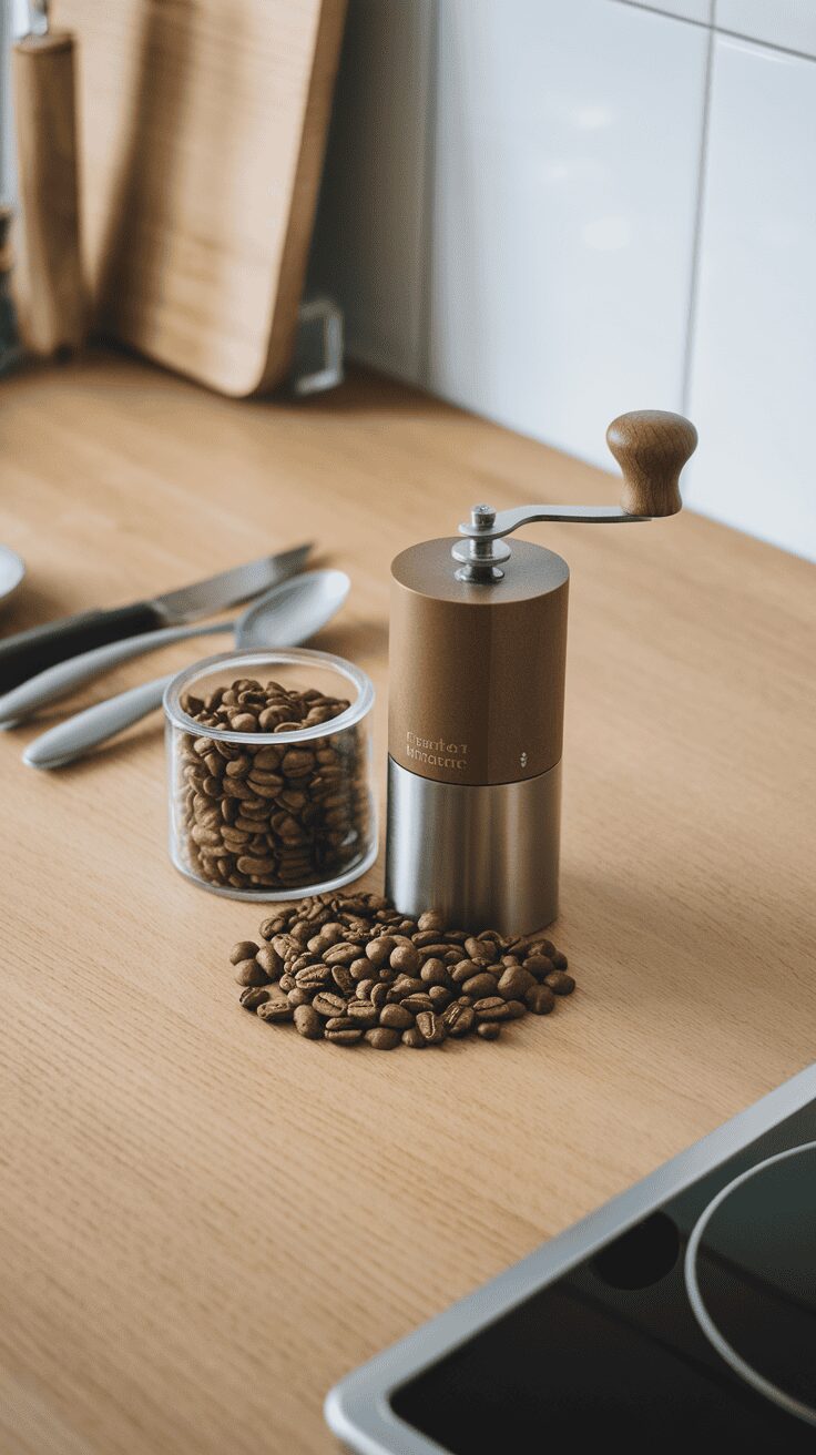 A coffee grinder on a wooden countertop surrounded by coffee beans and utensils.