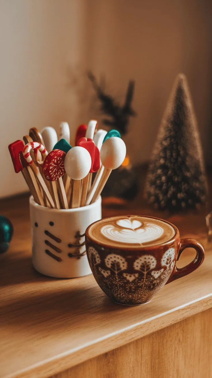 A cozy setting with a cup of coffee and colorful festive stir sticks in a jar.