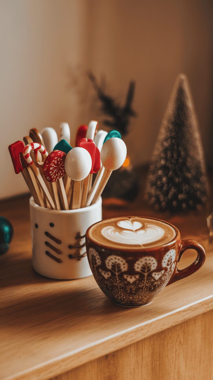 A cozy setting with a cup of coffee and colorful festive stir sticks in a jar.