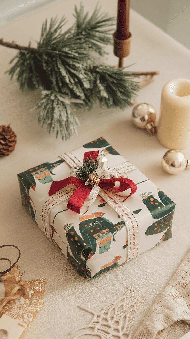 A beautifully wrapped gift with festive wrapping paper and a ribbon, surrounded by holiday decorations.