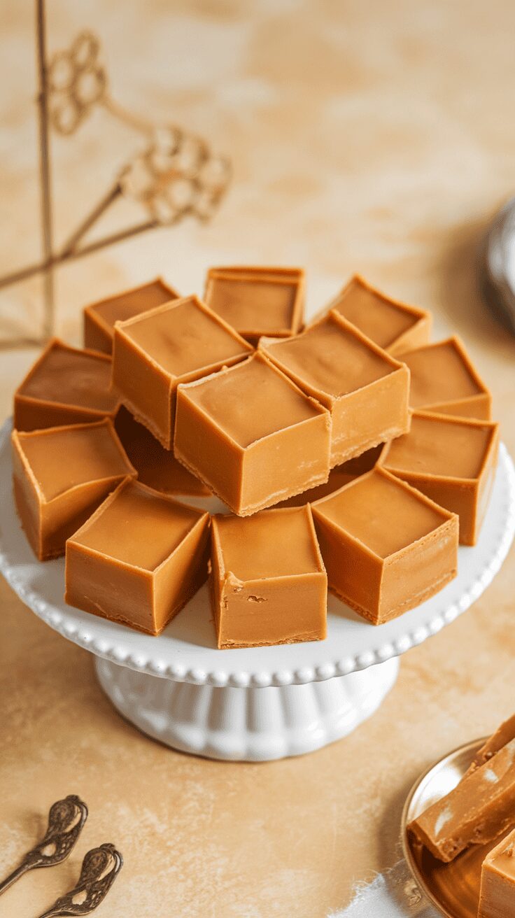 A plate of smooth butterscotch fudge squares arranged in a circle.