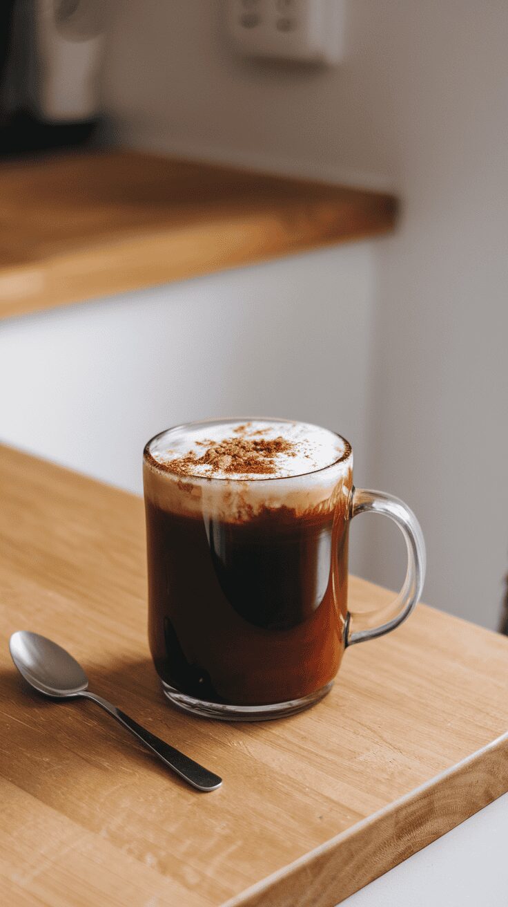 A glass of cacao-spiced vegan protein coffee with frothy top, served on a wooden countertop.