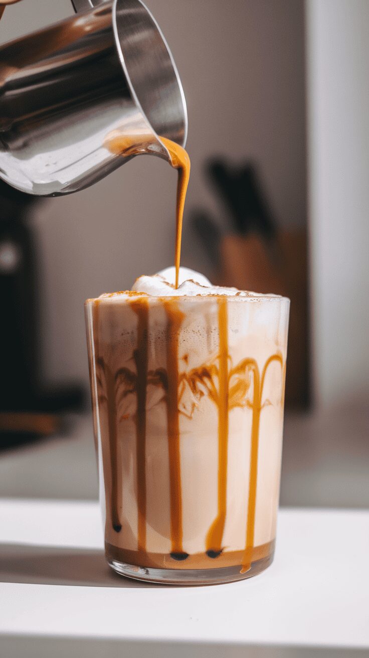 A close-up of a glass of caramel macchiato protein coffee being poured