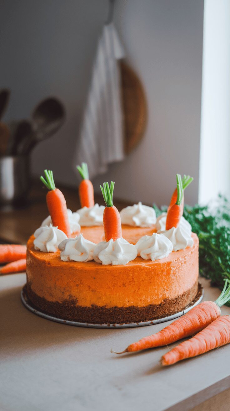 Carrot cake cheesecake topped with whipped cream and mini carrots.