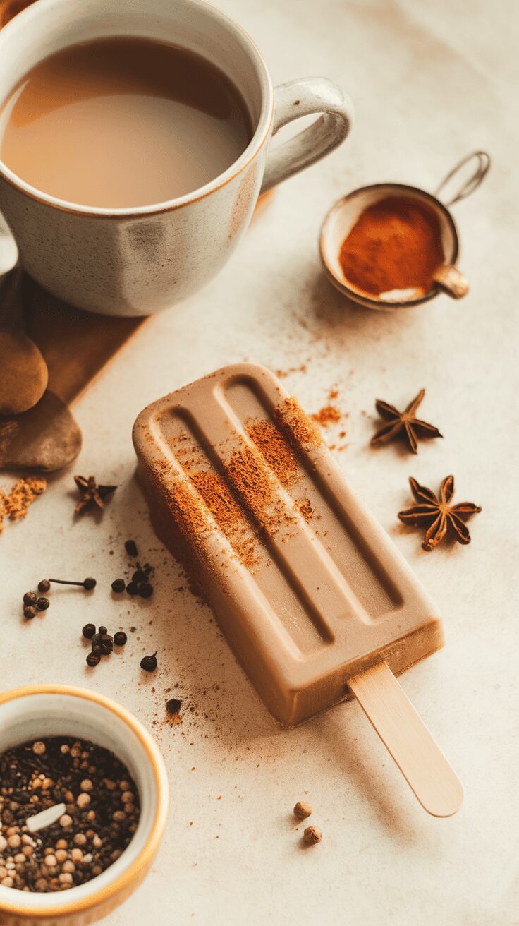 Chai coffee popsicle next to a cup of coffee and spices.