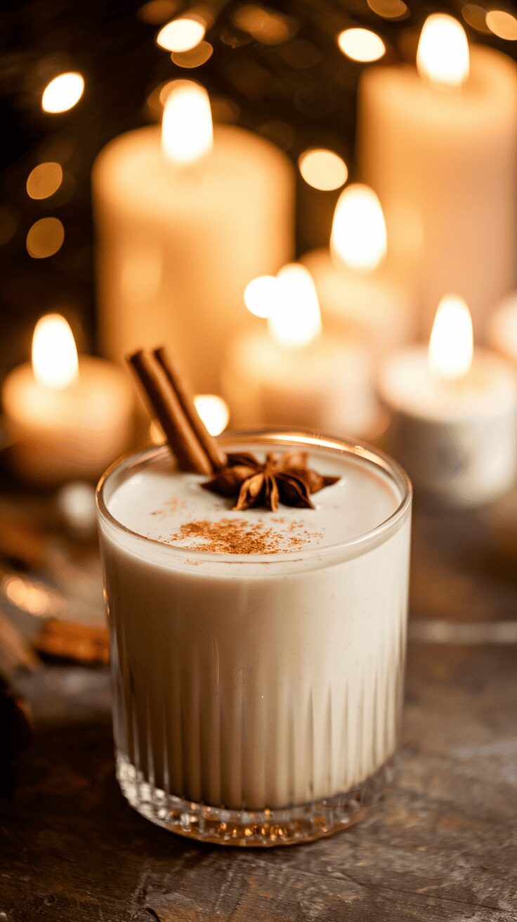 A glass of chai eggnog garnished with cinnamon sticks and star anise, surrounded by softly glowing candles.