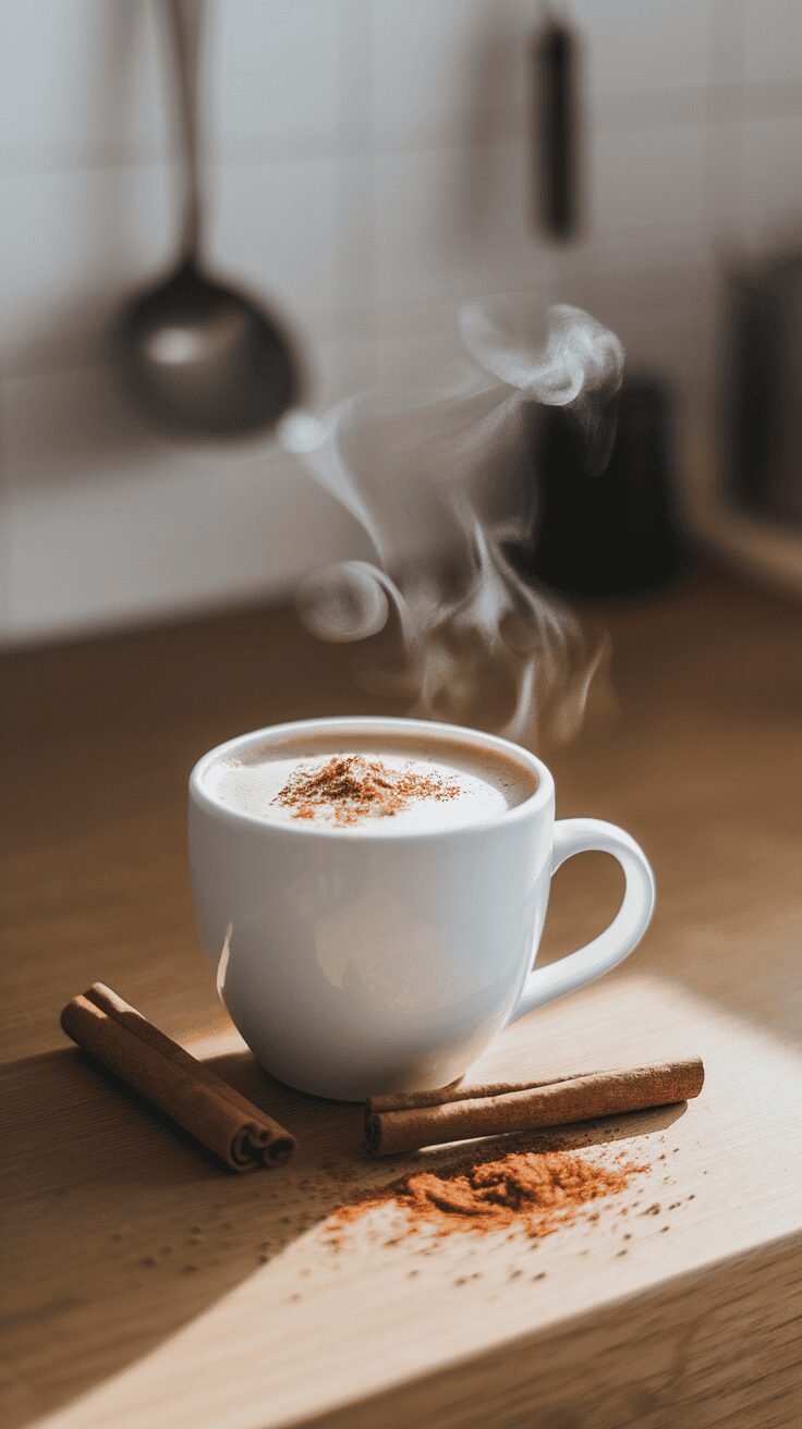 A steaming cup of chai spice protein coffee with cinnamon sticks and spices on a wooden surface.