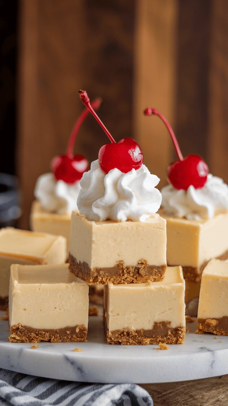 Close-up of cheesecake fudge squares topped with whipped cream and cherries.