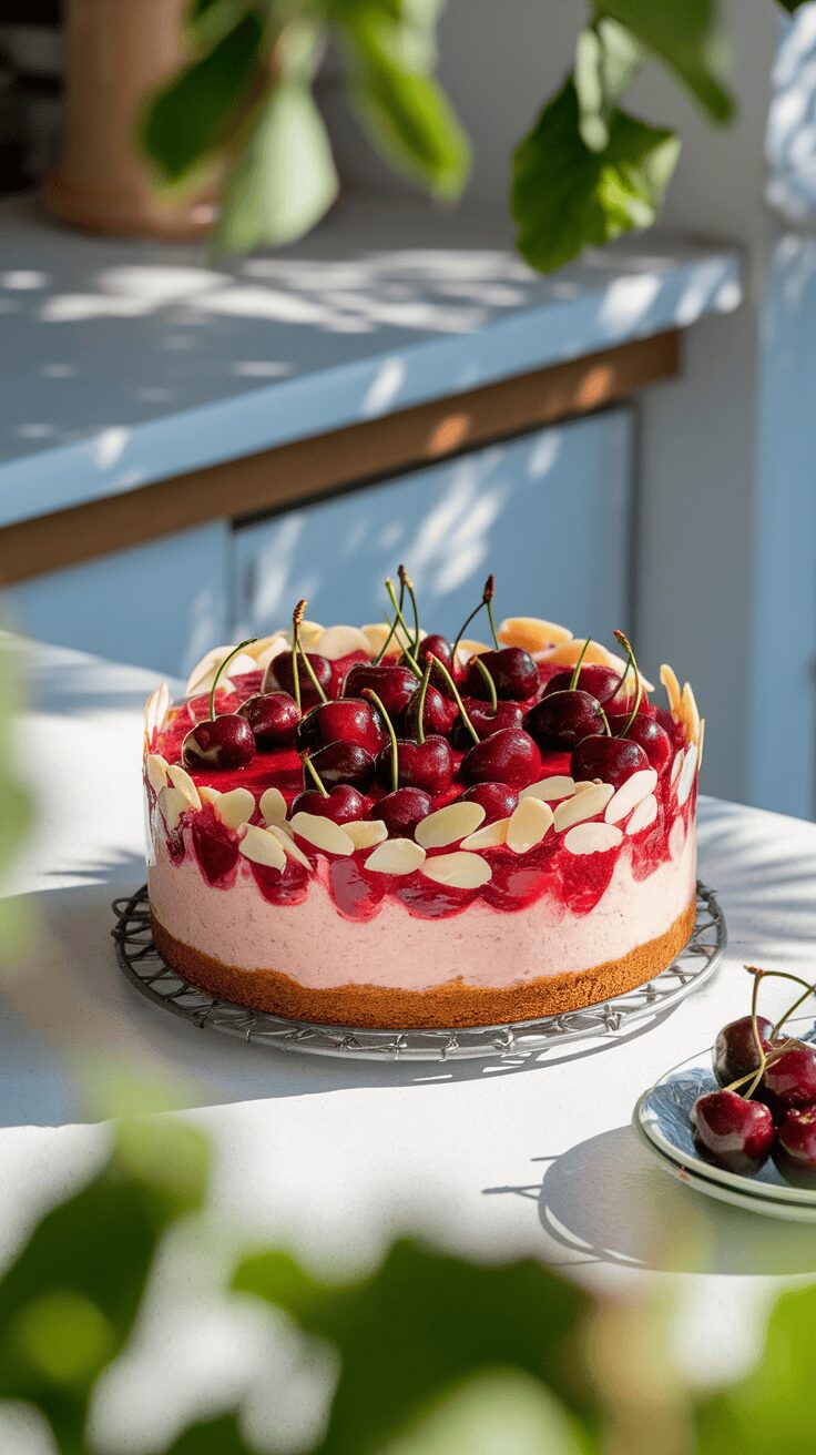 Cherry almond cheesecake topped with fresh cherries and almond slivers on a white countertop.