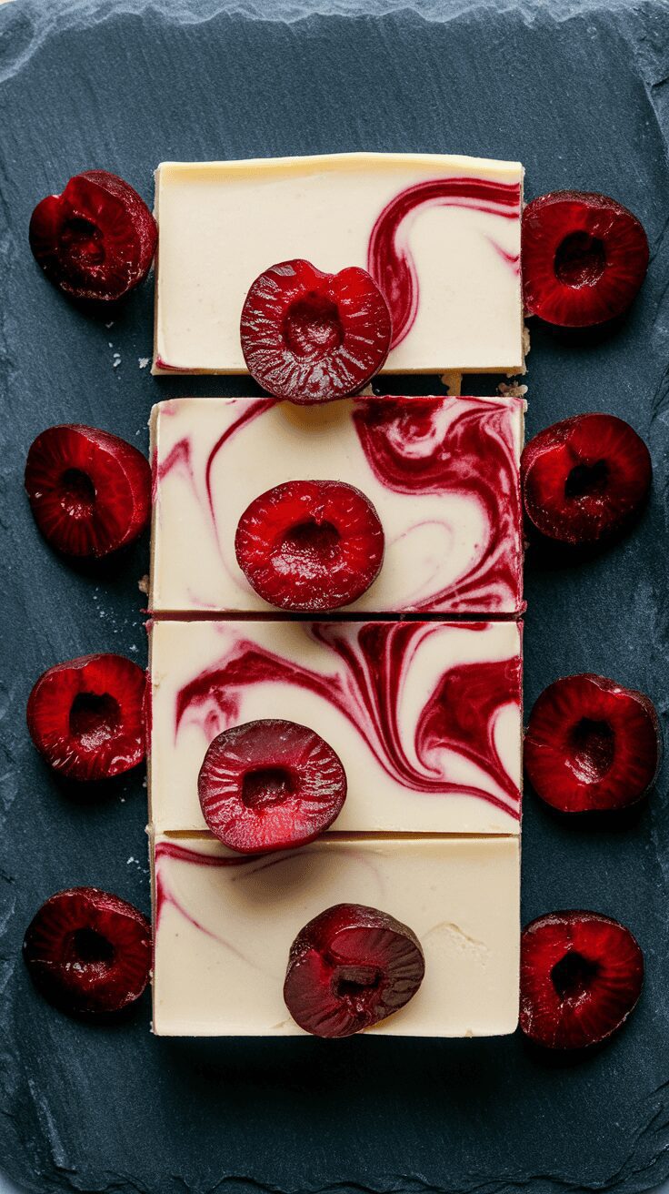 Cherry vanilla fudge with cherry slices on a slate board