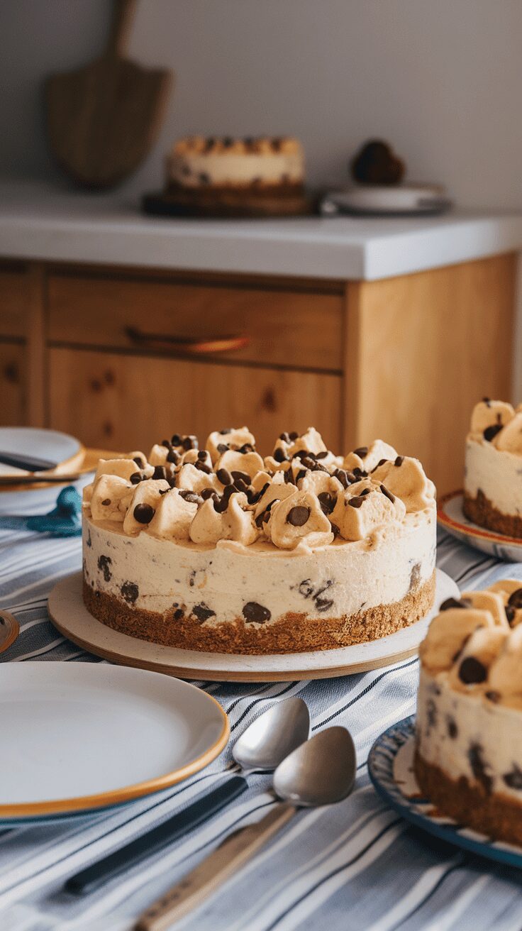 A delicious chocolate chip cookie dough cheesecake topped with cookie dough and chocolate chips, served on a table with plates and spoons.