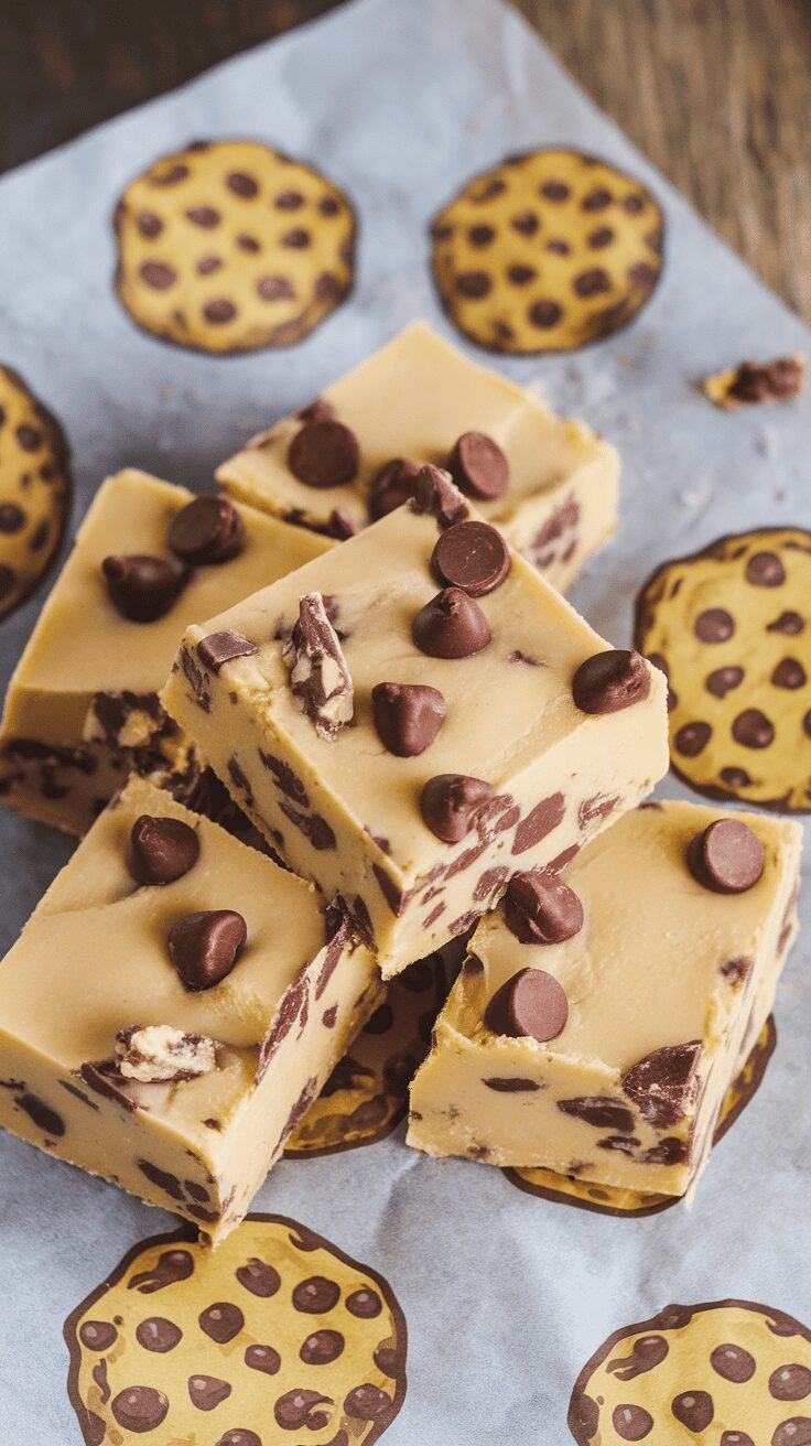 Delicious chocolate chip cookie dough fudge pieces on a patterned paper.