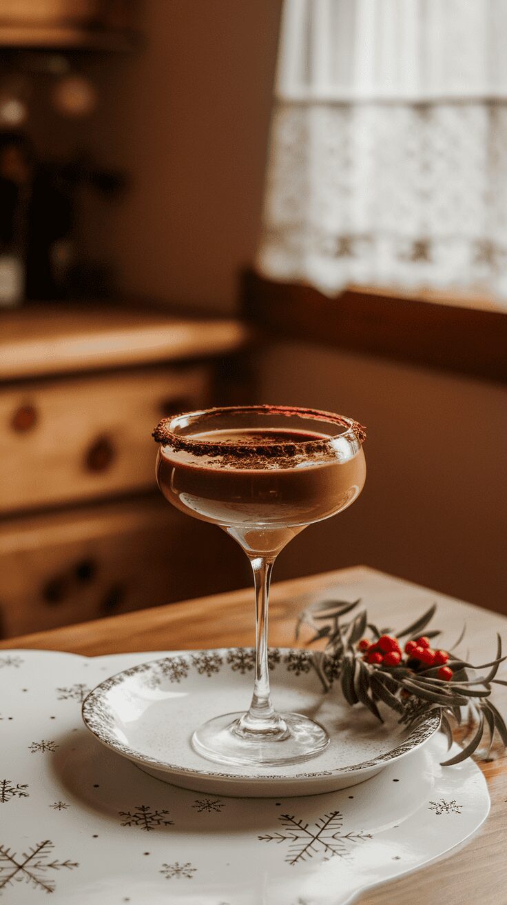 A chocolate eggnog martini garnished with a festive rim, sitting on a plate with holiday decorations.