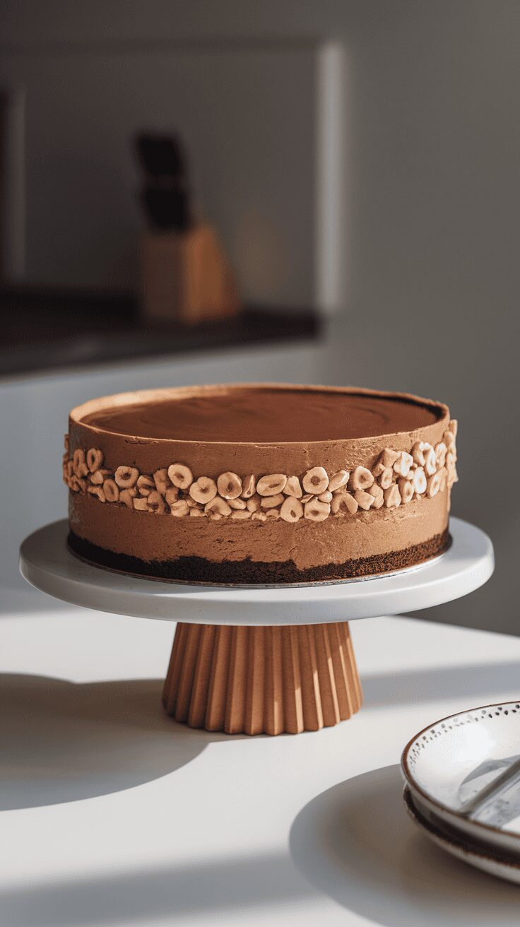 A beautiful chocolate hazelnut cheesecake decorated with hazelnuts on a modern cake stand.