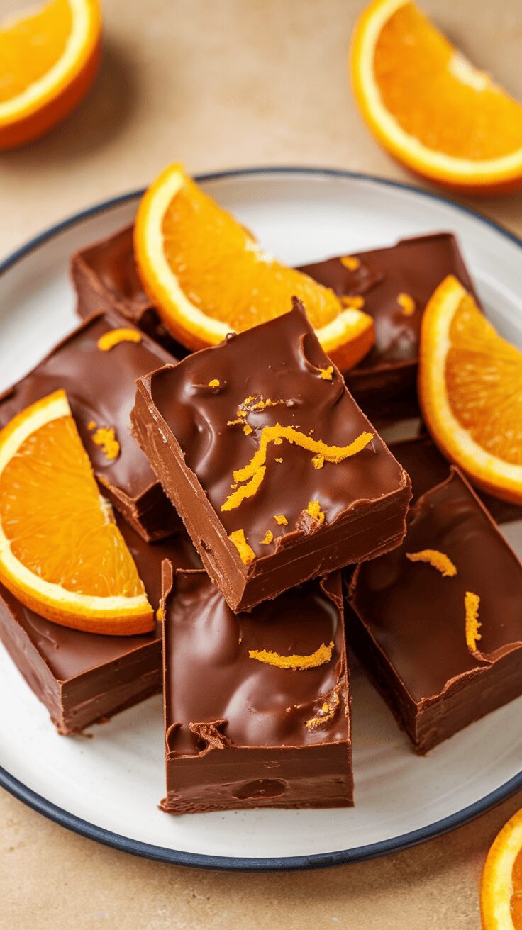 A plate of chocolate orange fudge garnished with orange slices and zest.