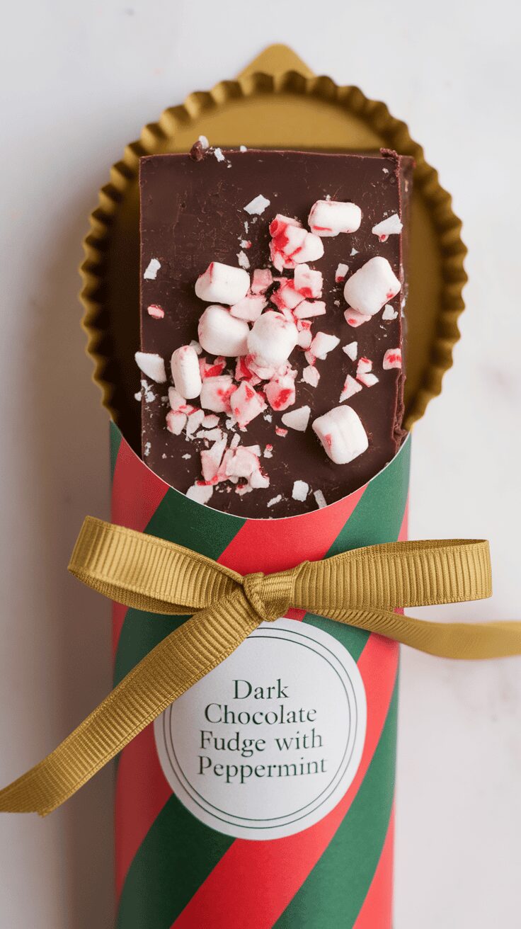 A piece of dark chocolate fudge topped with crushed peppermint on a decorative background.