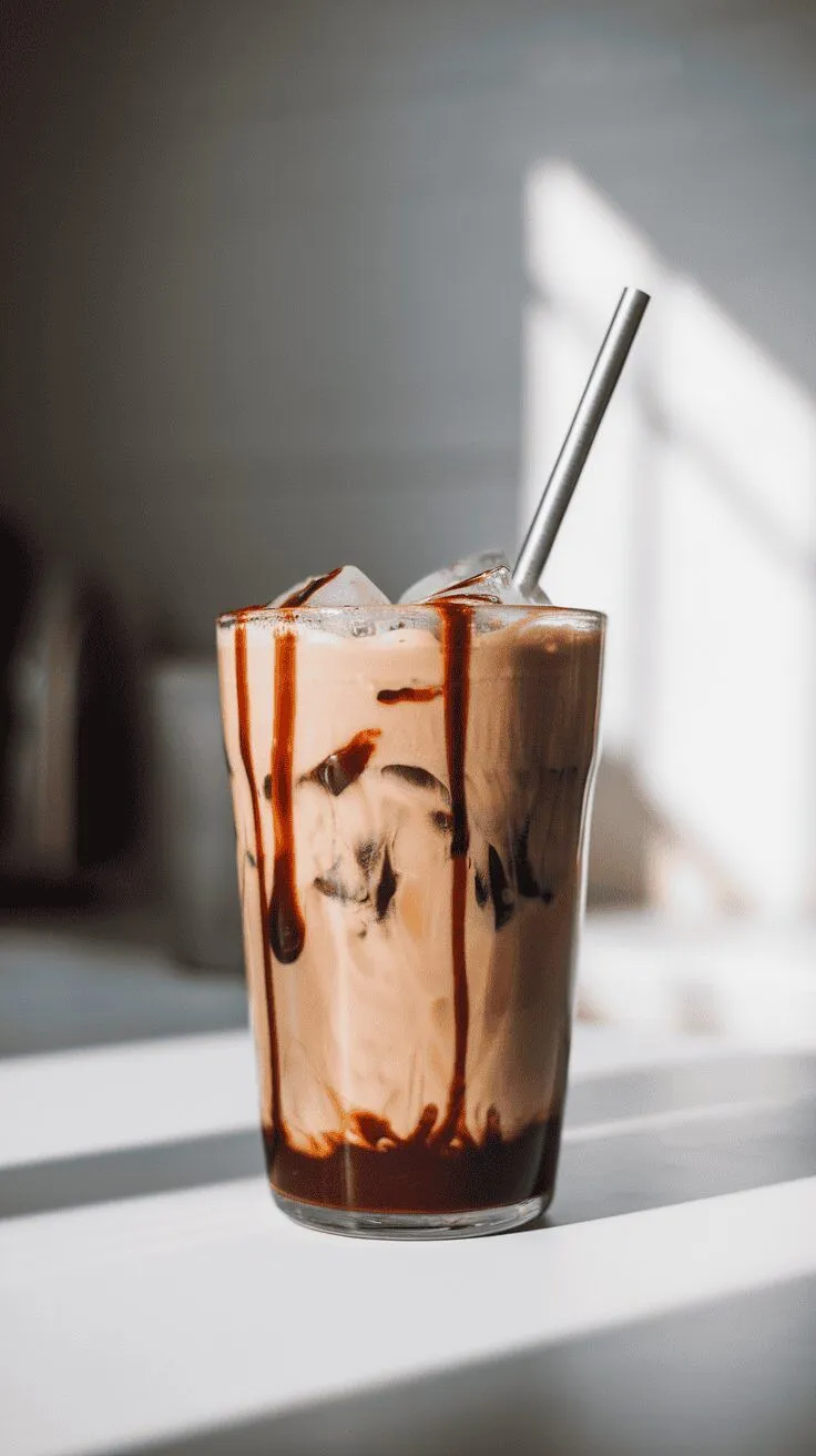 A glass of iced chocolate protein coffee with a straw.